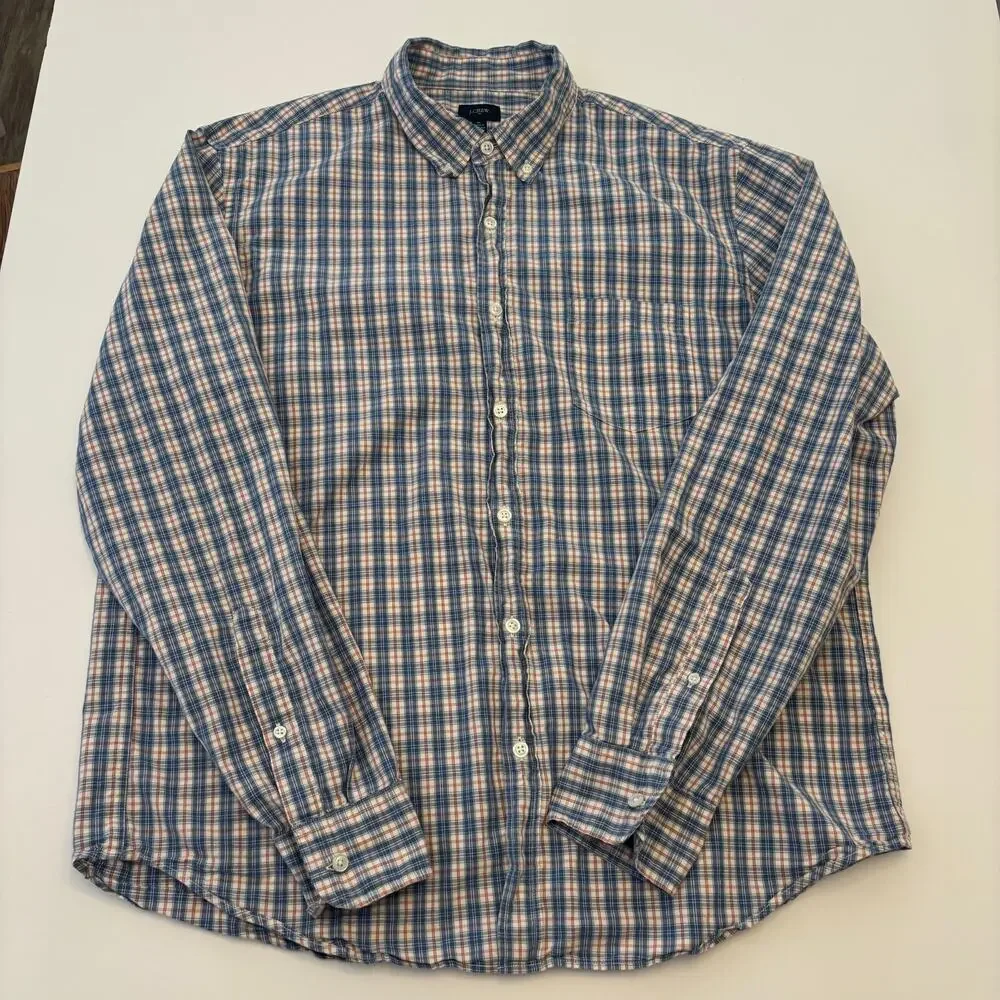 J.Crew Mens XL Plaid Button Down Shirt Blue Red 100% Cotton Long Sleeve